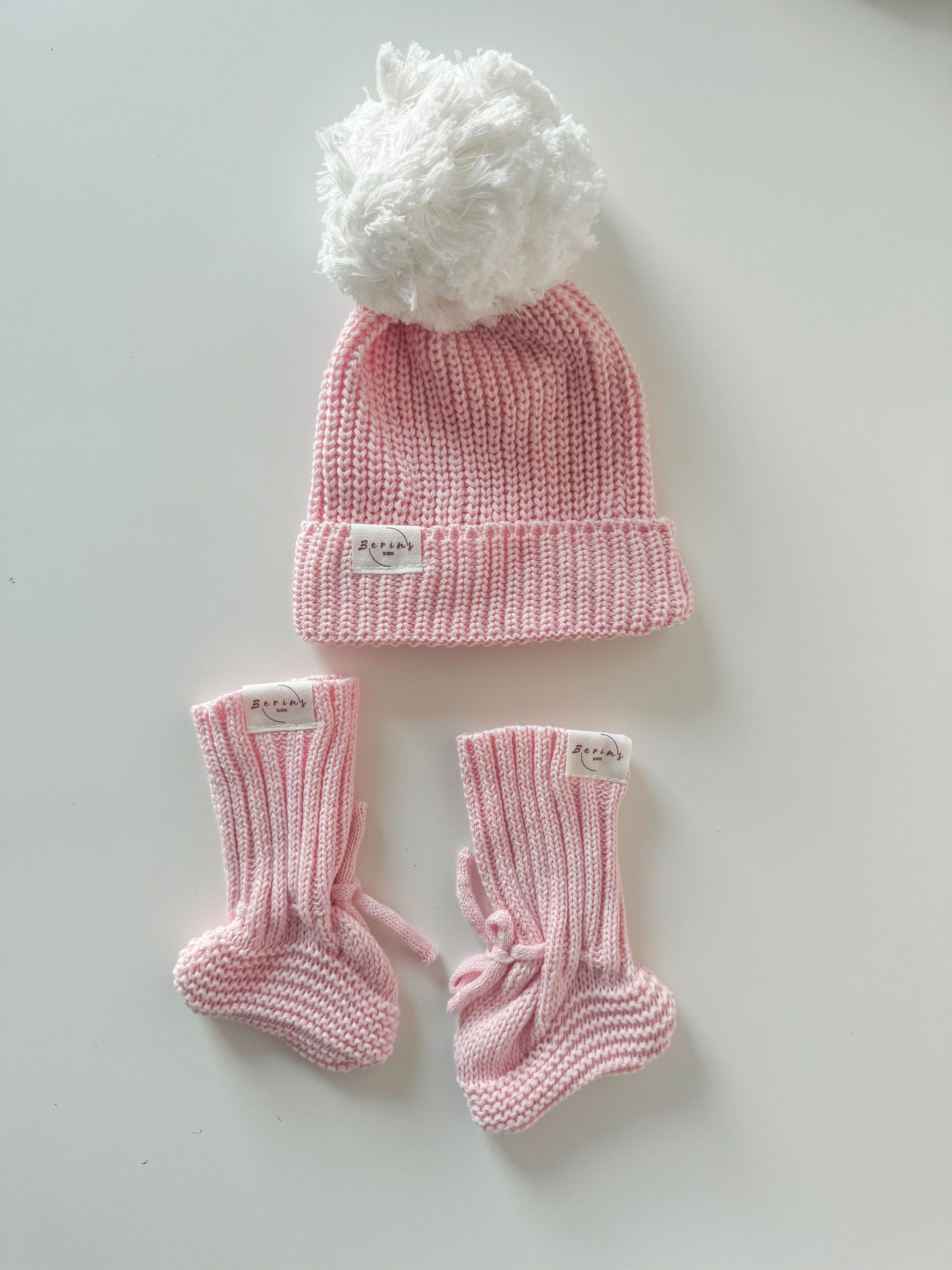 Pink Baby Gift Hamper 100%Cotton Luxury Knit Set of 3 | Personalised Romper, Pom Pom Hat, Booties