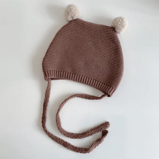 Baby/Toddler Knit Bear Hat (BROWN) | Autumn-Winter Bear Pom Pom Hats for Boys Girls