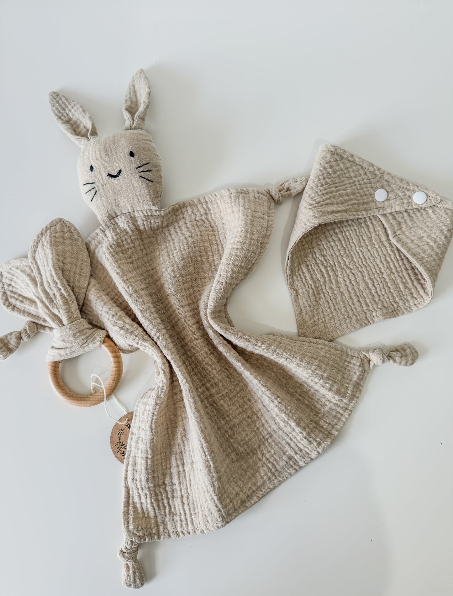 3-Pieces Set | Muslin BEIGE Bunny Comforter, Bib and Bunny Ear Teething Ring