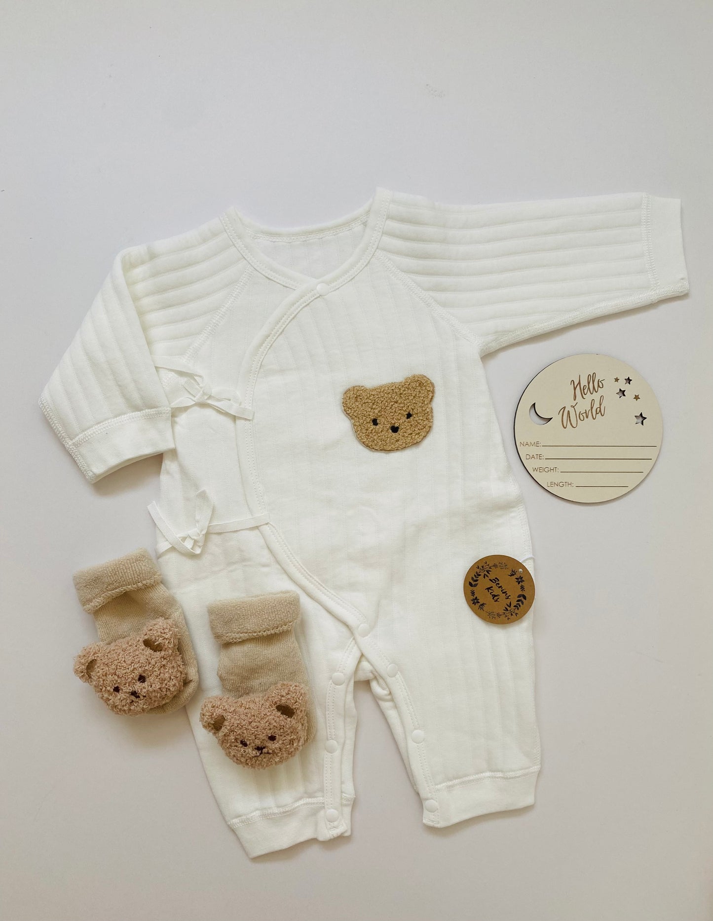 Newborn Bear Gift Set of 3| Personalised Milky White Cotton Romper, Beige Bear Socks, Wooden Name Announcement Disc