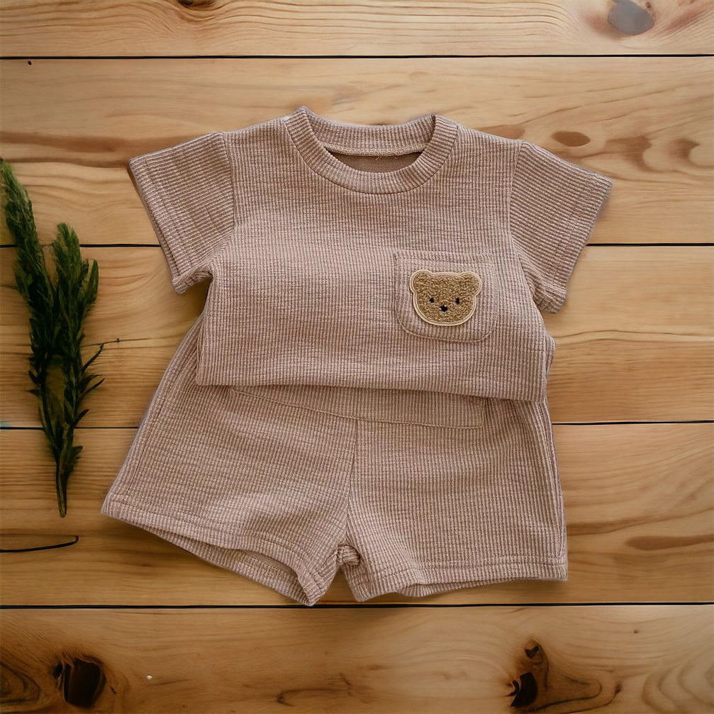 BROWN Bear Embroidered Cotton Short Sleeve+Shorts 2 Piece Suit for Baby Toddler Boys/Girls Summer Outfit