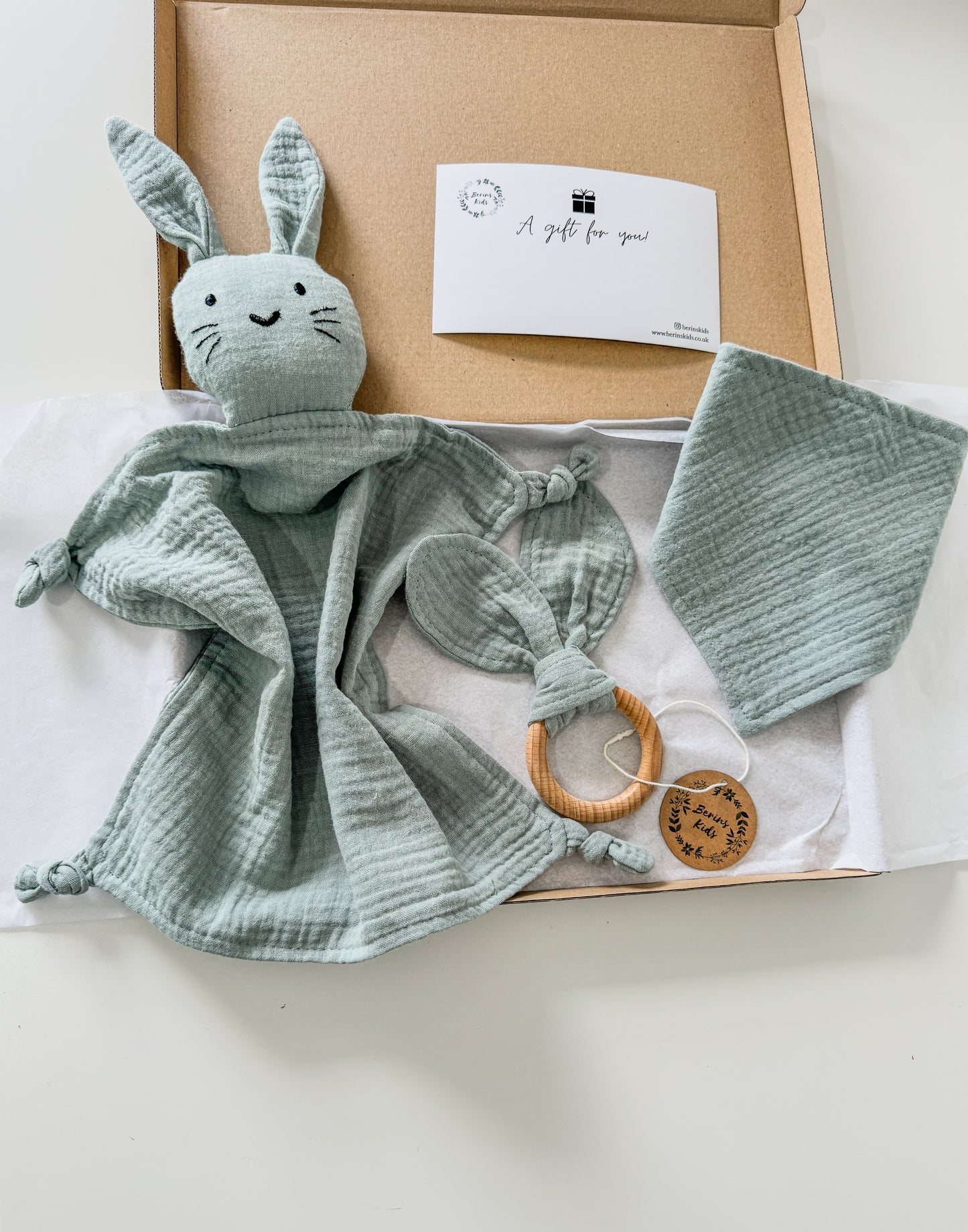 3-Pieces Set | Muslin SAGE Bunny Comforter, Bib and Bunny Ear Teething Ring