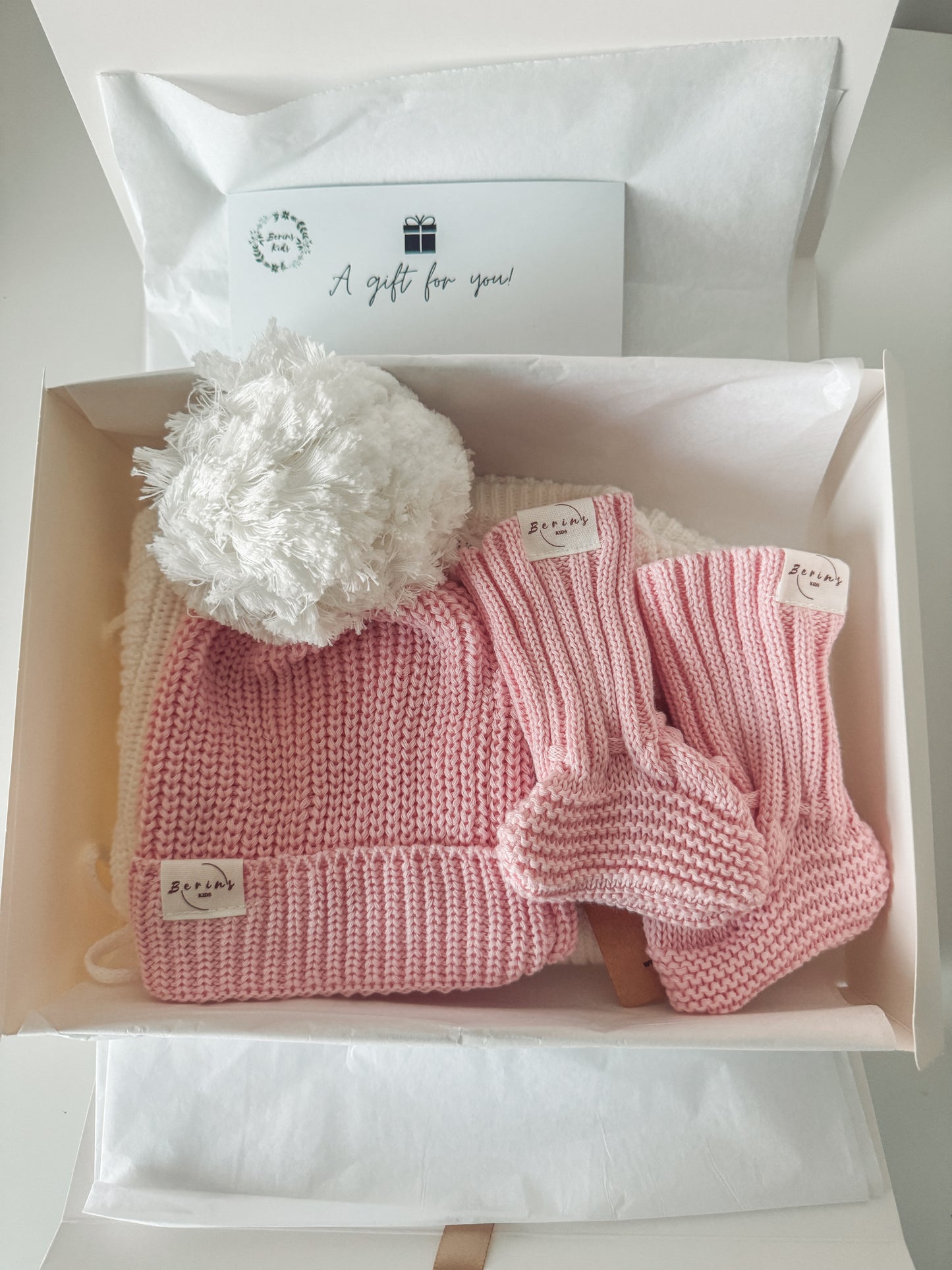Pink Baby Gift Hamper 100%Cotton Luxury Knit Set of 3 | Personalised Romper, Pom Pom Hat, Booties