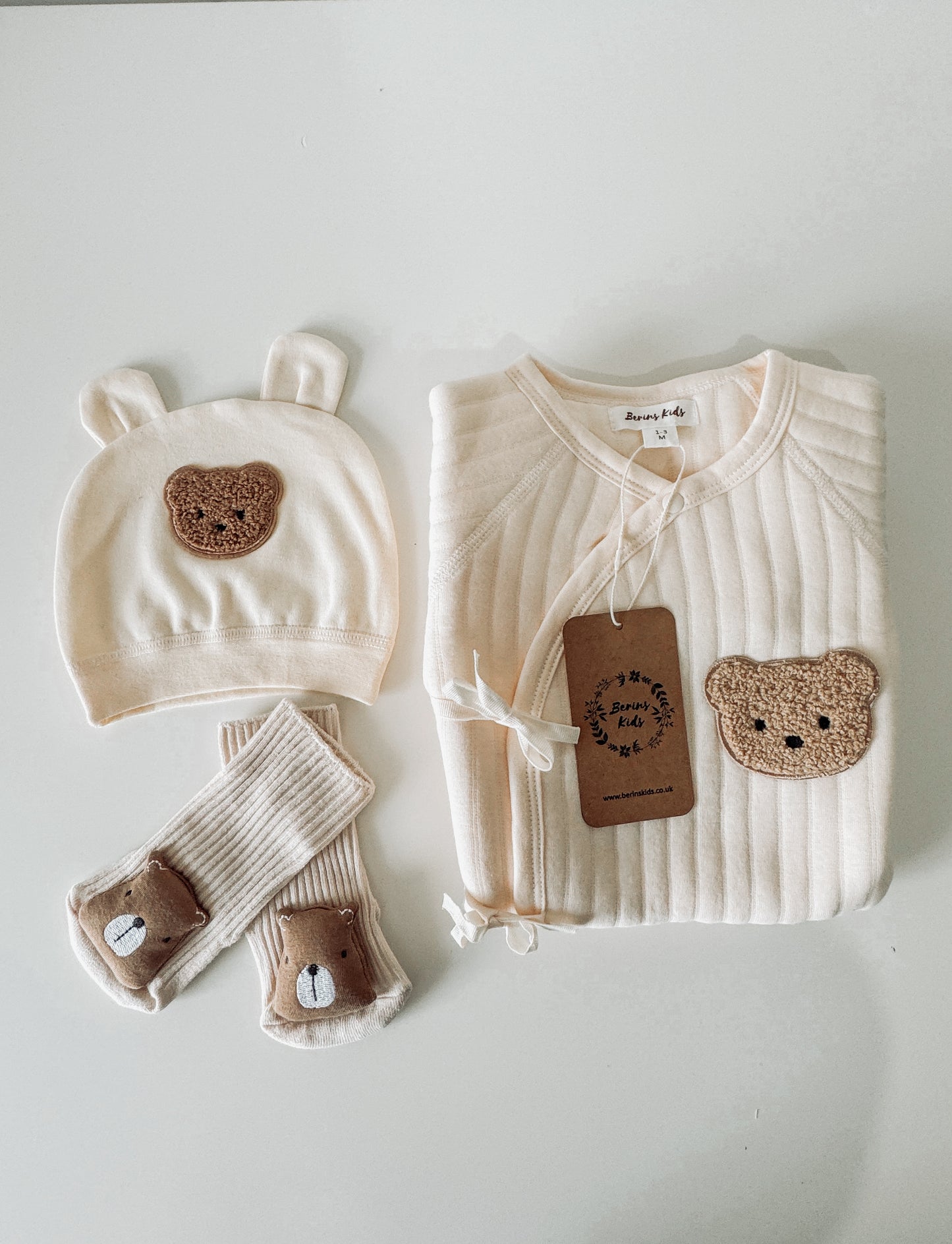 Newborn Bear Gift Set of 3|Cream Cotton Romper, Personalised Cream Bear Hat, Beige Bear Socks