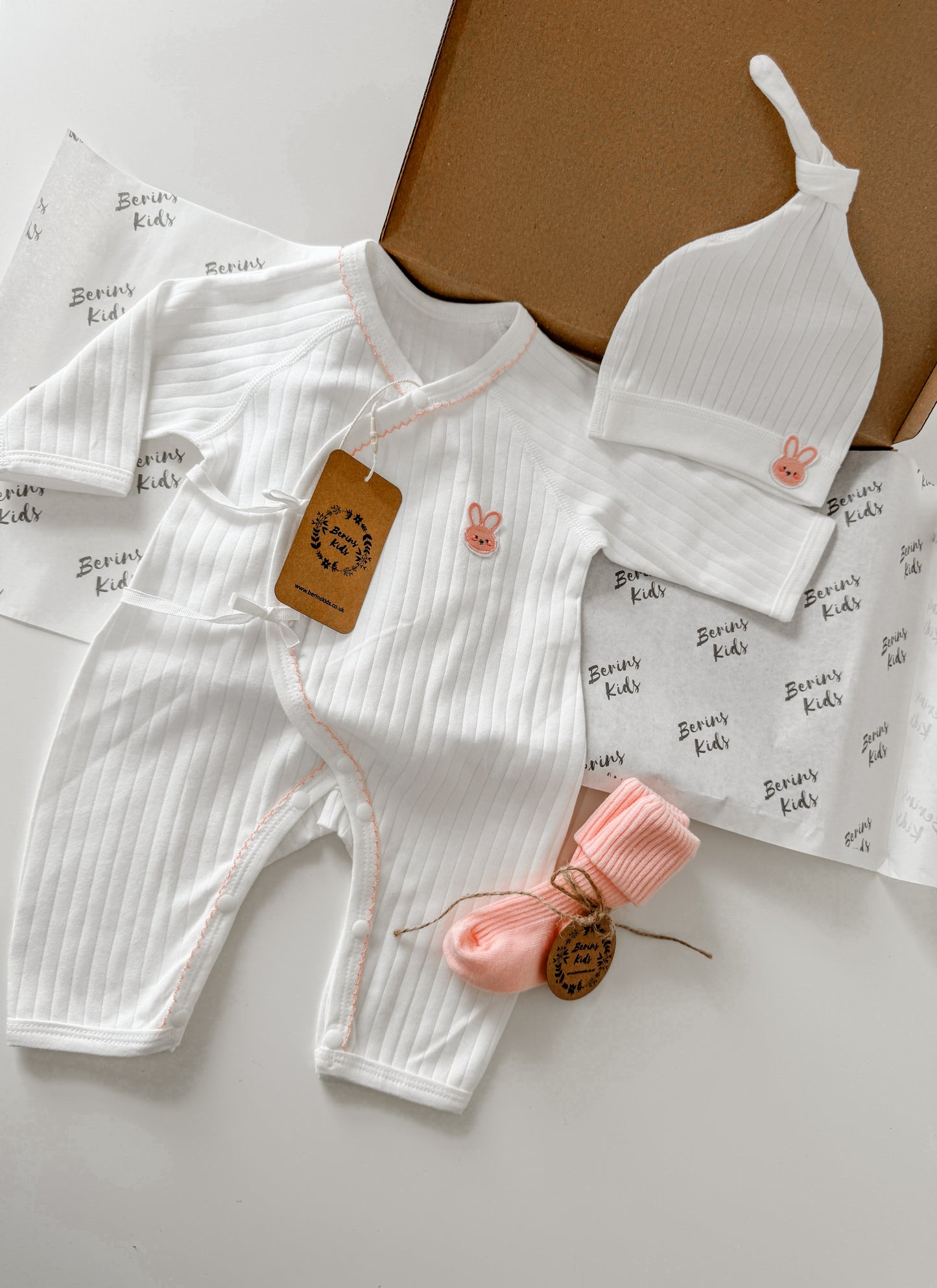 Newborn Bunny Gift Set of 3| Milky White Cotton Romper, White Bunny Beanie, Pink Socks