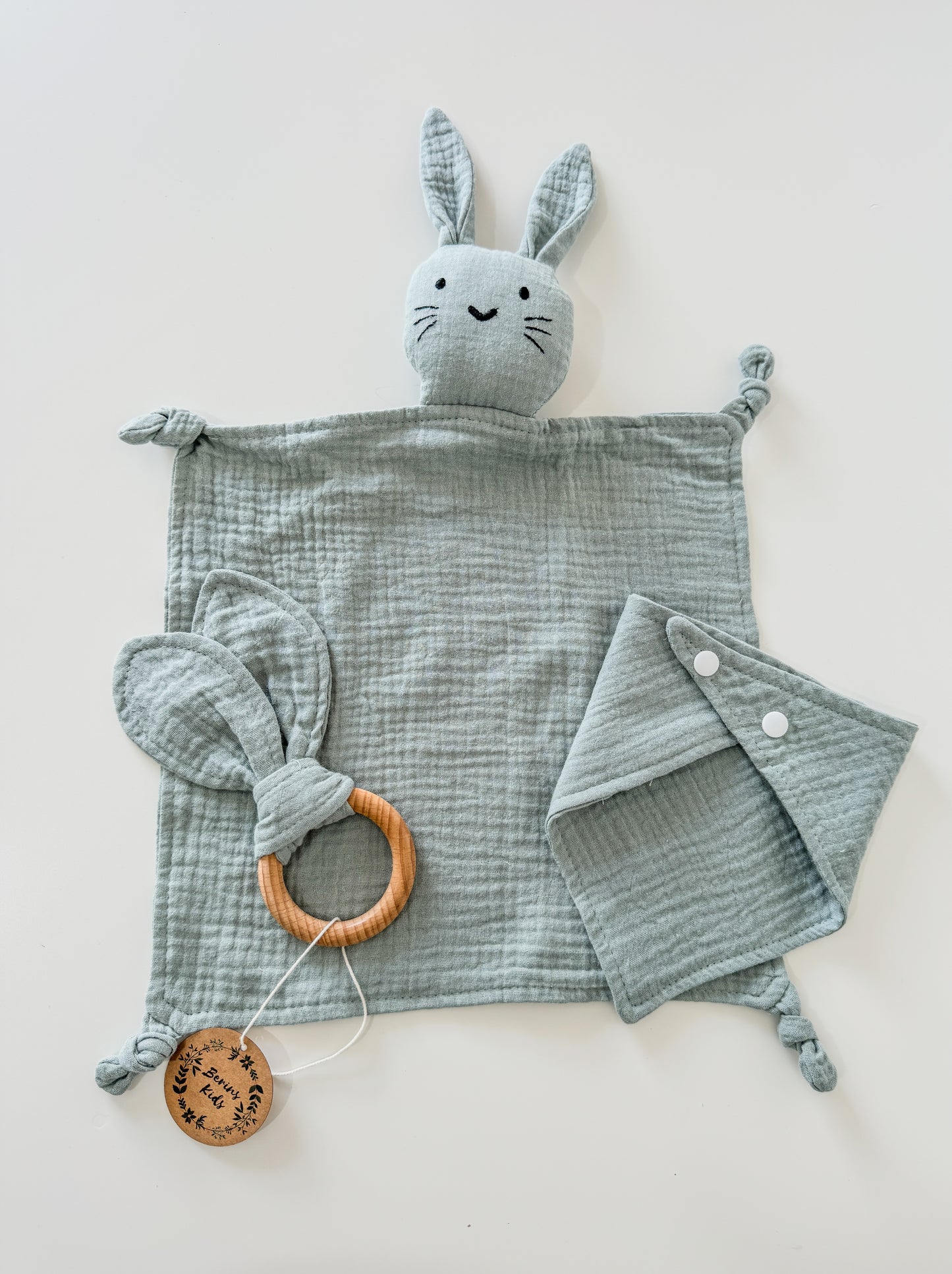 3-Pieces Set | Muslin SAGE Bunny Comforter, Bib and Bunny Ear Teething Ring