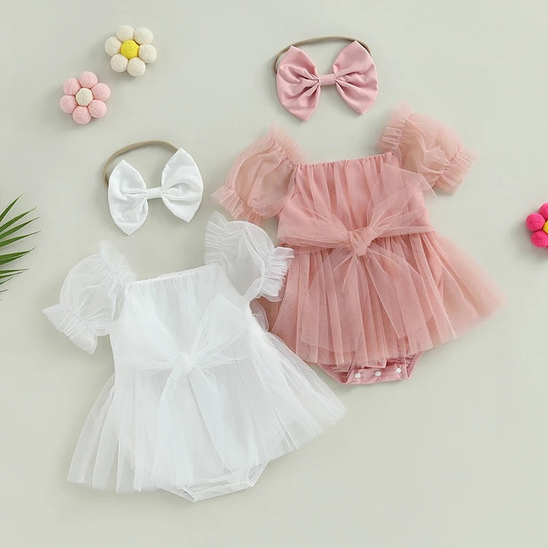 Baby Girl PINK Tutu Romper Dress with PINK Bow Headband