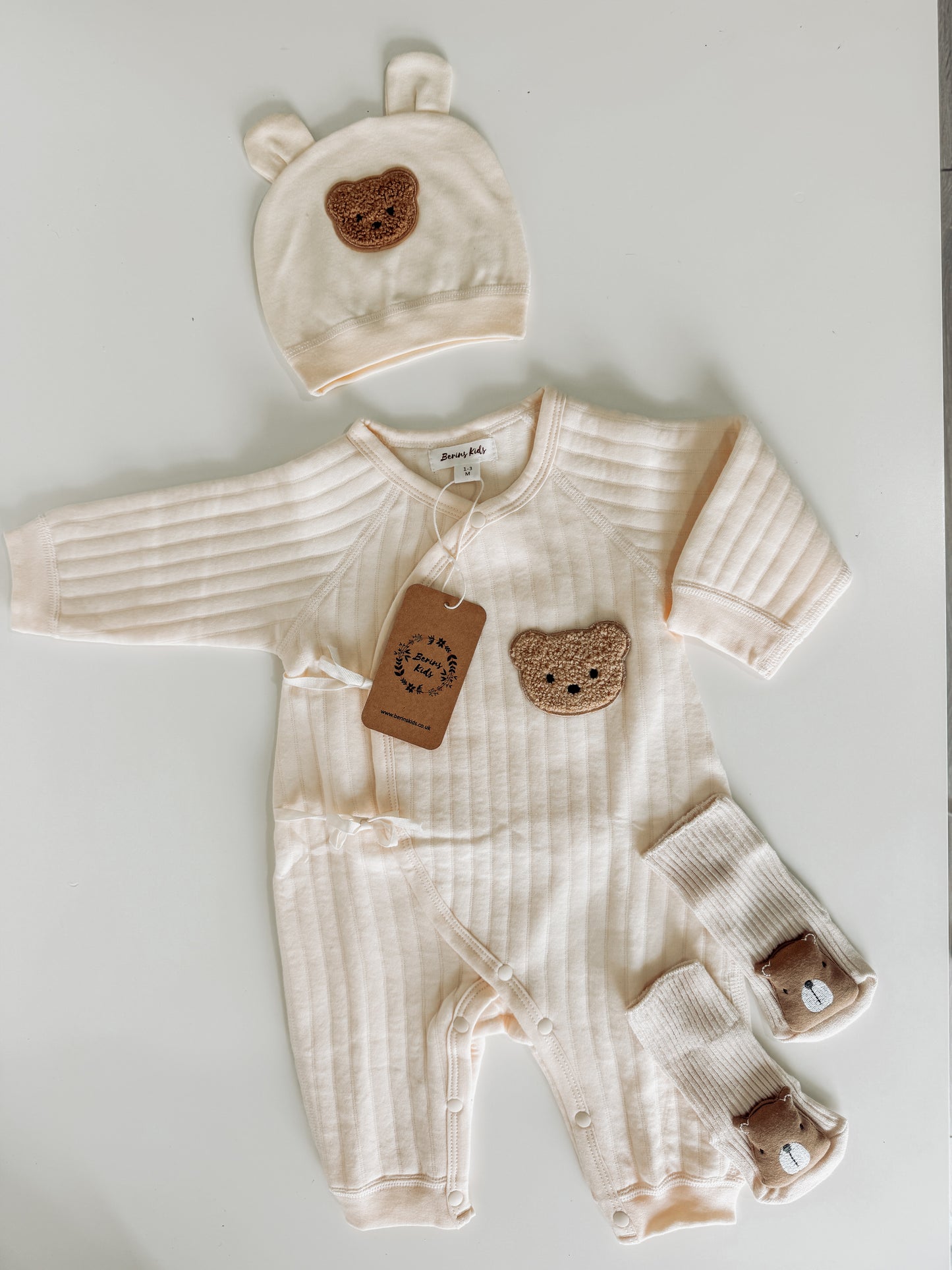 Newborn Bear Gift Set of 3|Cream Cotton Romper, Personalised Cream Bear Hat, Beige Bear Socks