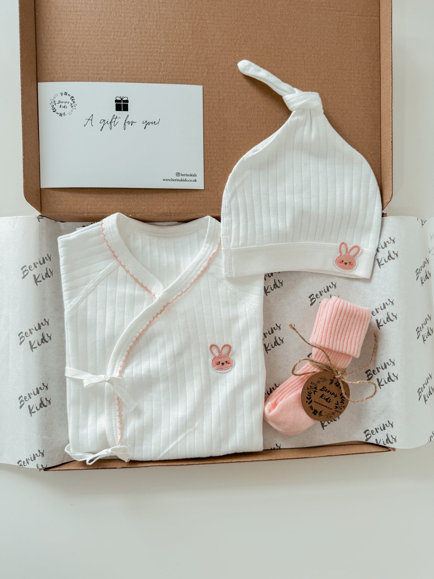 Newborn Bunny Gift Set of 3| Milky White Cotton Romper, White Bunny Beanie, Pink Socks