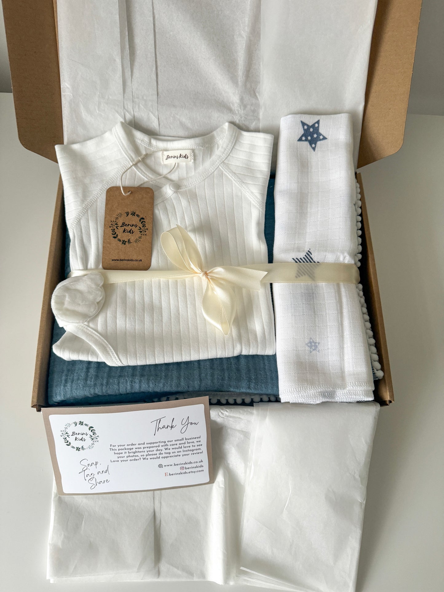 Newborn Gift Set of 3| Angel Wing White Cotton Romper, Indigo Muslin Blanket, Muslin Square