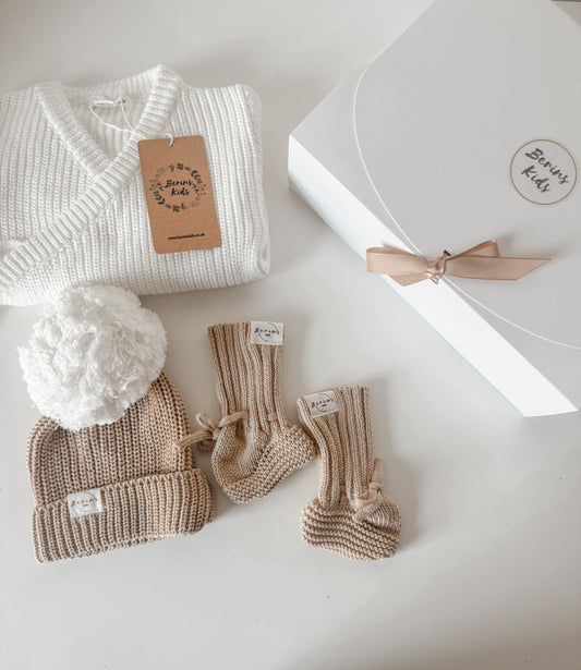 Khaki Unisex Baby Gift Hamper 100%Cotton Knit Set of 3 | Personalised Romper, Pom Pom Hat, Booties | Luxury Newborn Gift Set