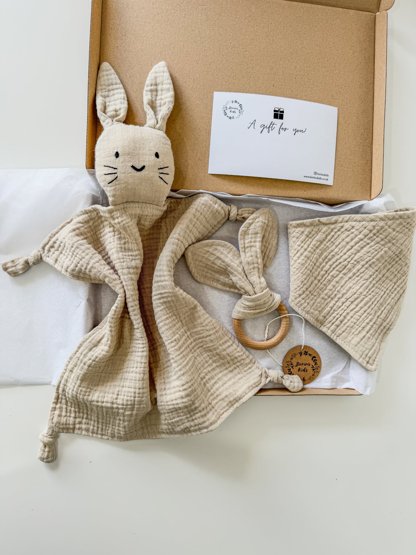 3-Pieces Set | Muslin BEIGE Bunny Comforter, Bib and Bunny Ear Teething Ring