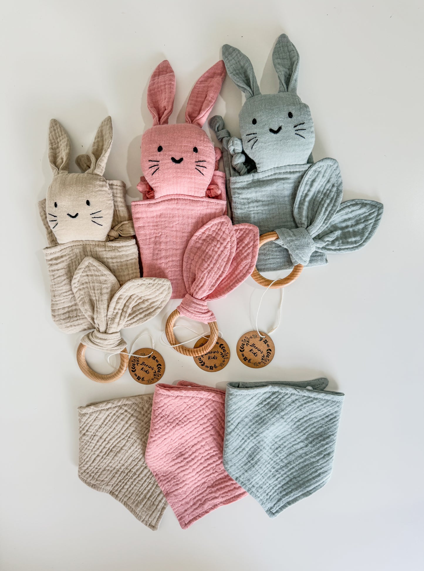 3-Pieces Set | Muslin SAGE Bunny Comforter, Bib and Bunny Ear Teething Ring