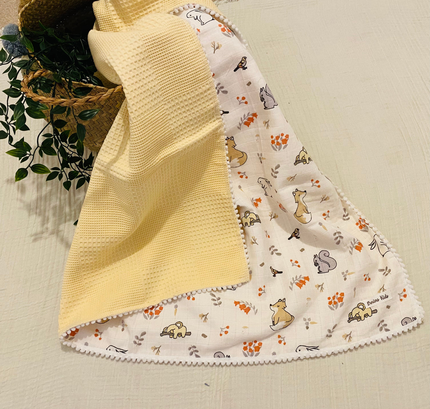 Large Double Sided 100% Cotton Yellow Waffle and Woodland Animal’s Muslin Blanket with Pom Pom Trims 120x100cm