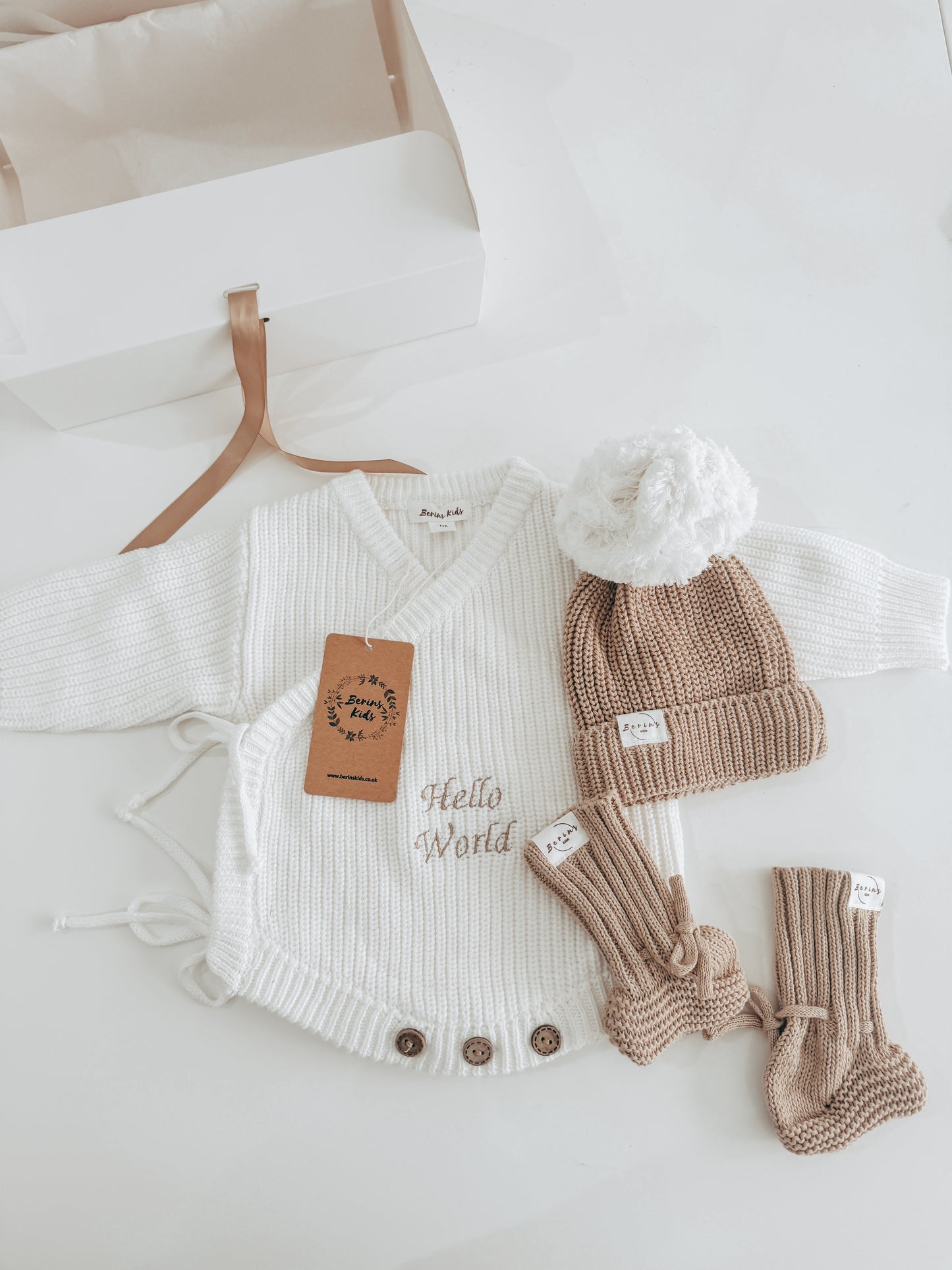 Khaki Unisex Baby Gift Hamper 100%Cotton Knit Set of 3 | Personalised Romper, Pom Pom Hat, Booties | Luxury Newborn Gift Set