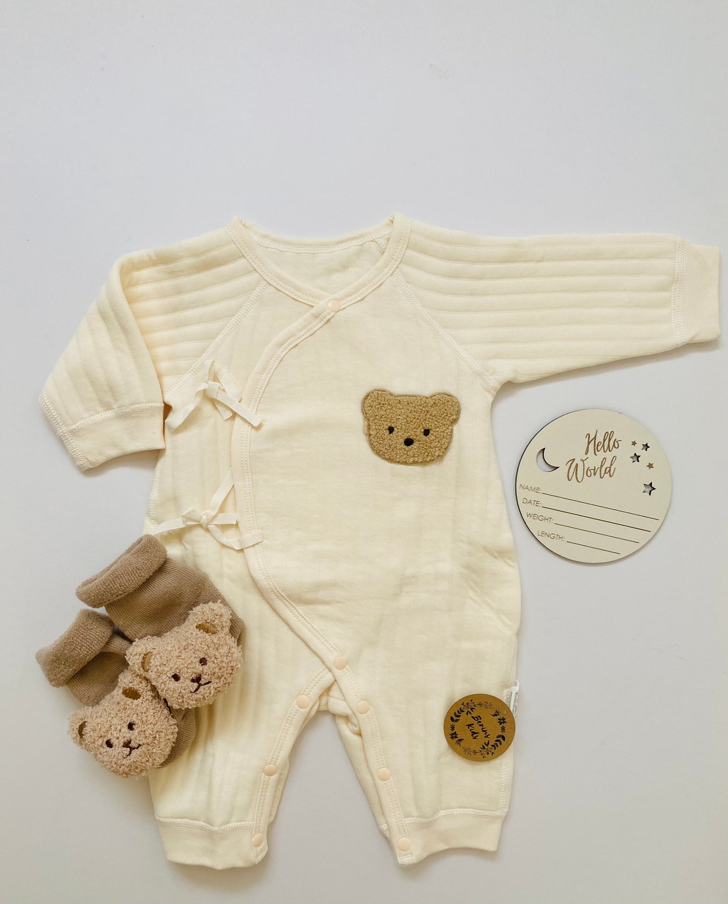 Newborn Bear Gift Set of 3| Personalised Cream Cotton Romper, Brown Bear Socks, Wooden Name Announcement Disc