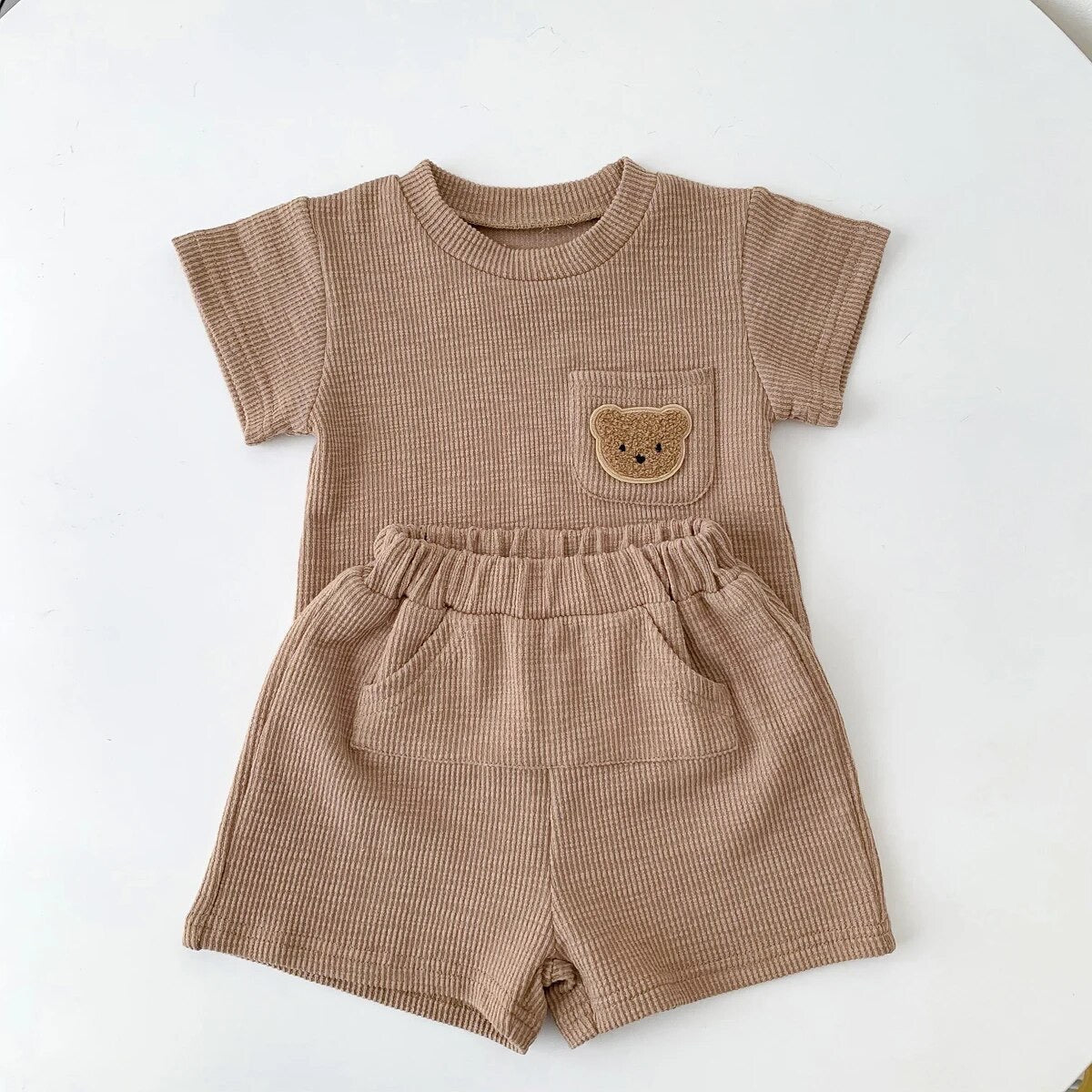 BROWN Bear Embroidered Cotton Short Sleeve+Shorts 2 Piece Suit for Baby Toddler Boys/Girls Summer Outfit