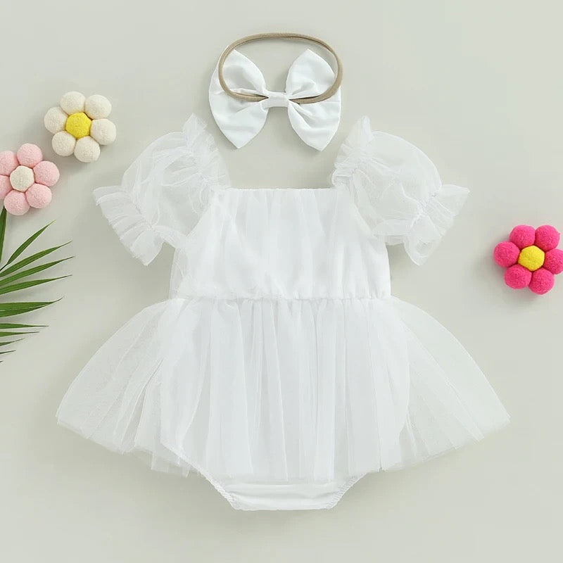 Baby Girl WHITE Tutu Romper Dress with WHITE Bow Headband