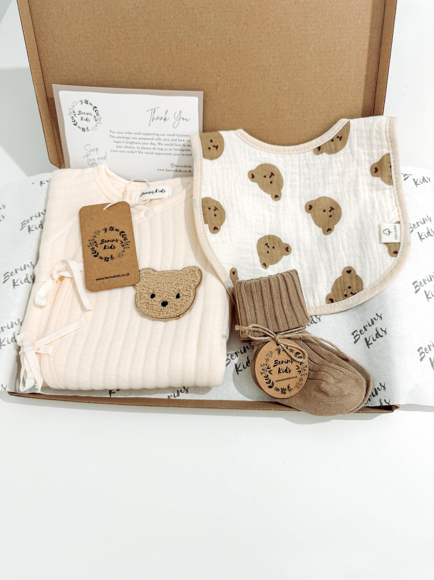 Newborn Bear Gift Set of 3|Personalised Cream Bear Cotton Romper, Bear Muslin Bib, Beige Socks
