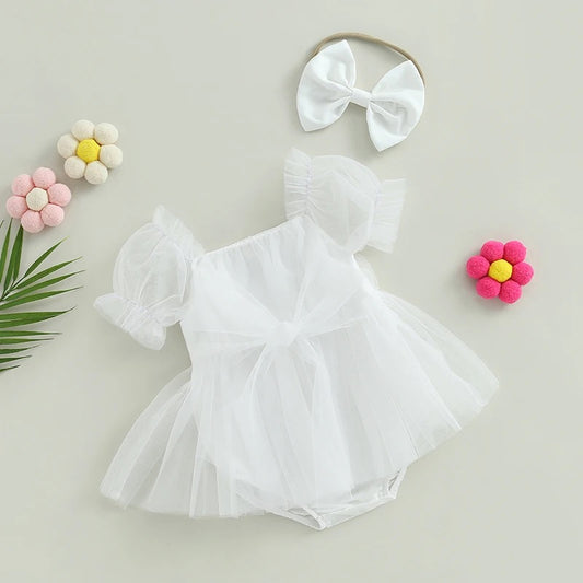 Baby Girl WHITE Tutu Romper Dress with WHITE Bow Headband