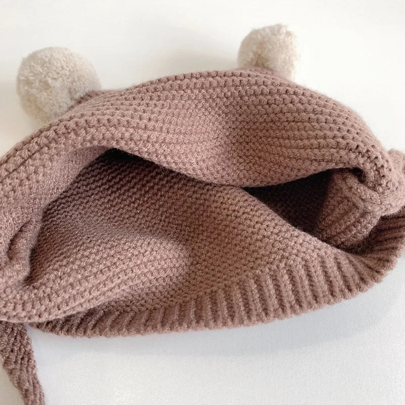 Baby/Toddler Knit Bear Hat (BROWN) | Autumn-Winter Bear Pom Pom Hats for Boys Girls