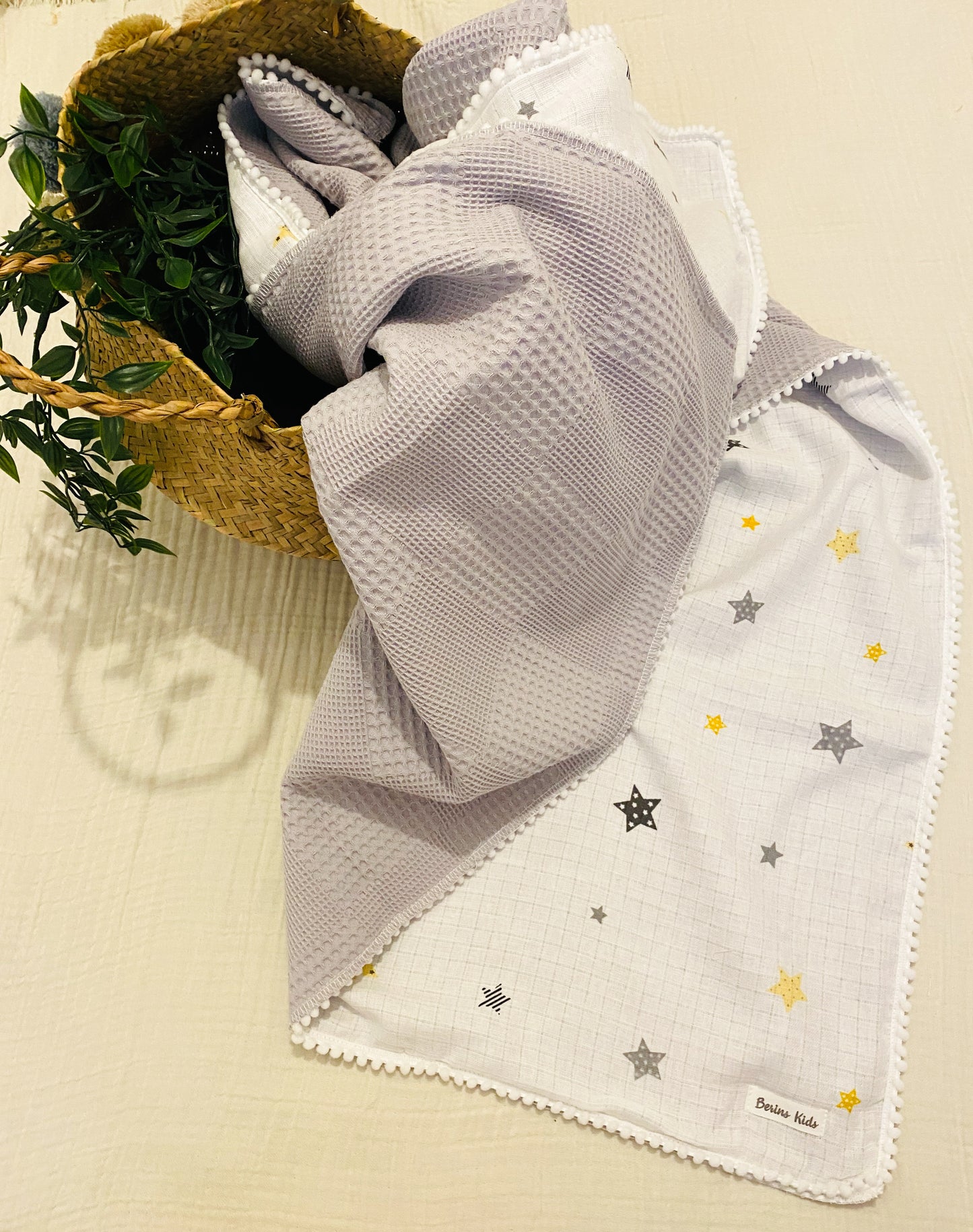 Large Double Sided 100% Cotton Grey Waffle and Yellow Stars Muslin Blanket with Pom Pom Trims 120x100cm