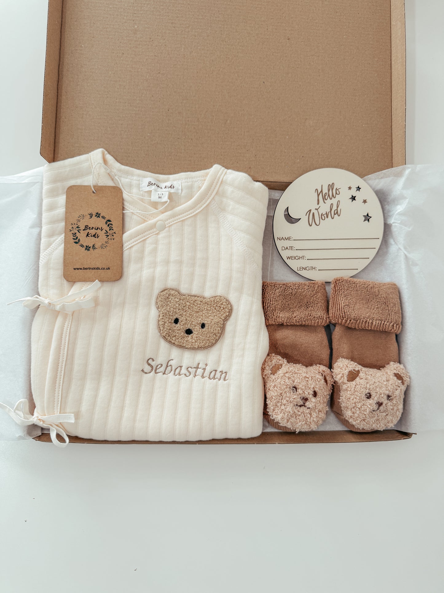 Newborn Bear Gift Set of 3| Personalised Cream Cotton Romper, Brown Bear Socks, Wooden Name Announcement Disc