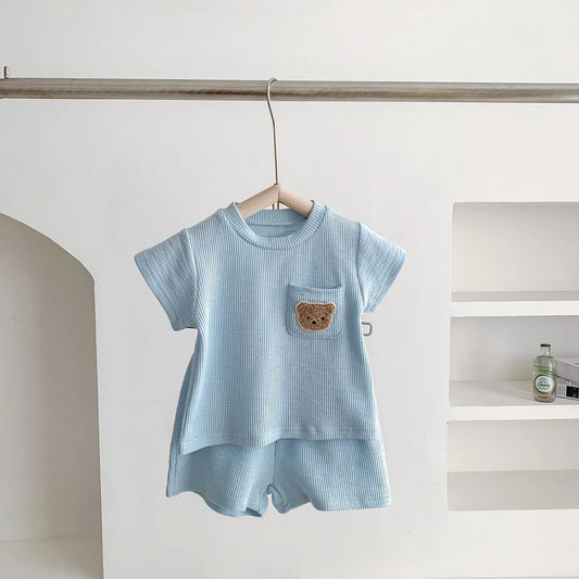 BLUE Bear Embroidered Cotton Short Sleeve+Shorts 2 Piece Suit for Baby Toddler Boys/Girls Summer Outfit