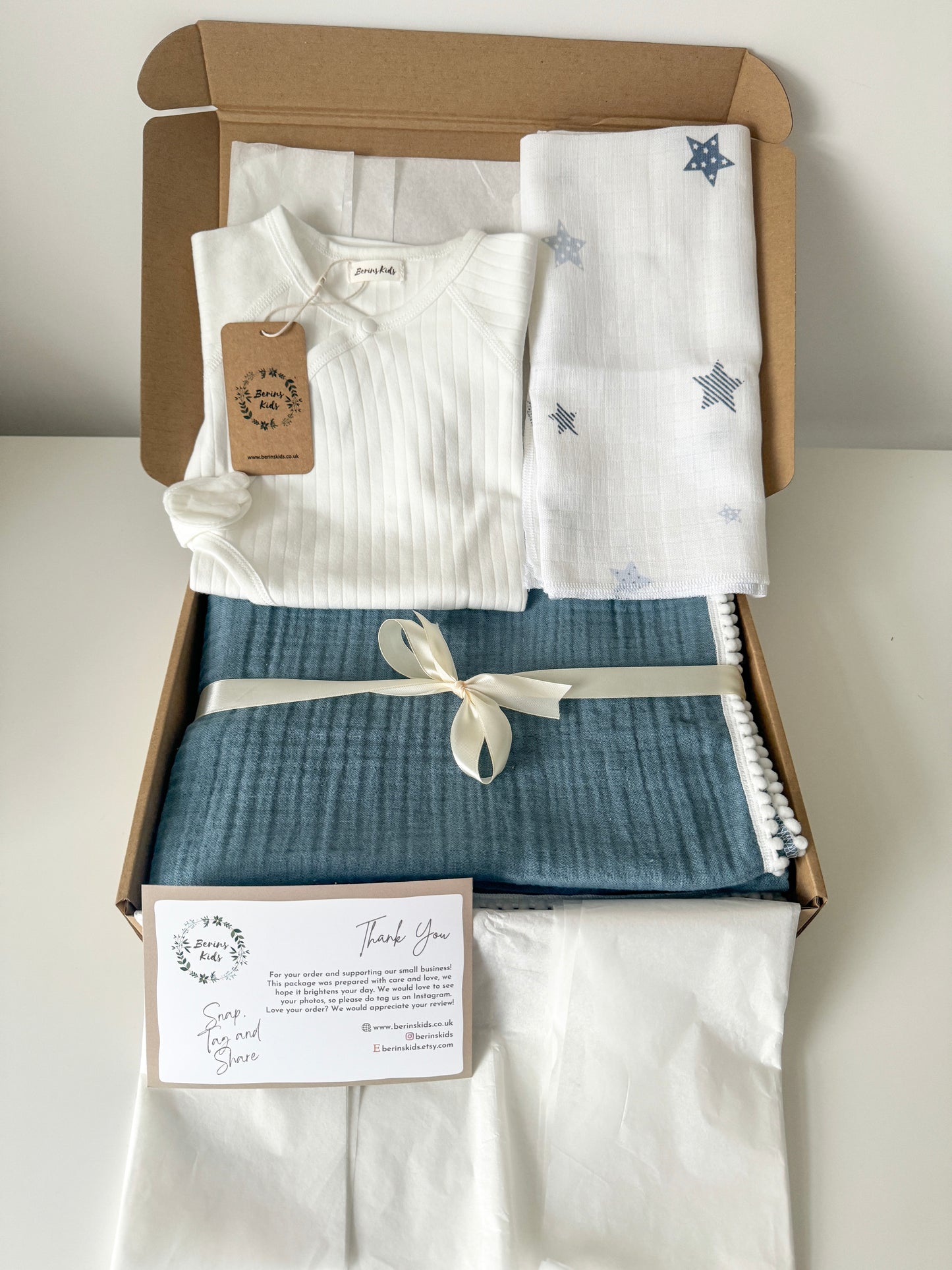 Newborn Gift Set of 3| Angel Wing White Cotton Romper, Indigo Muslin Blanket, Muslin Square