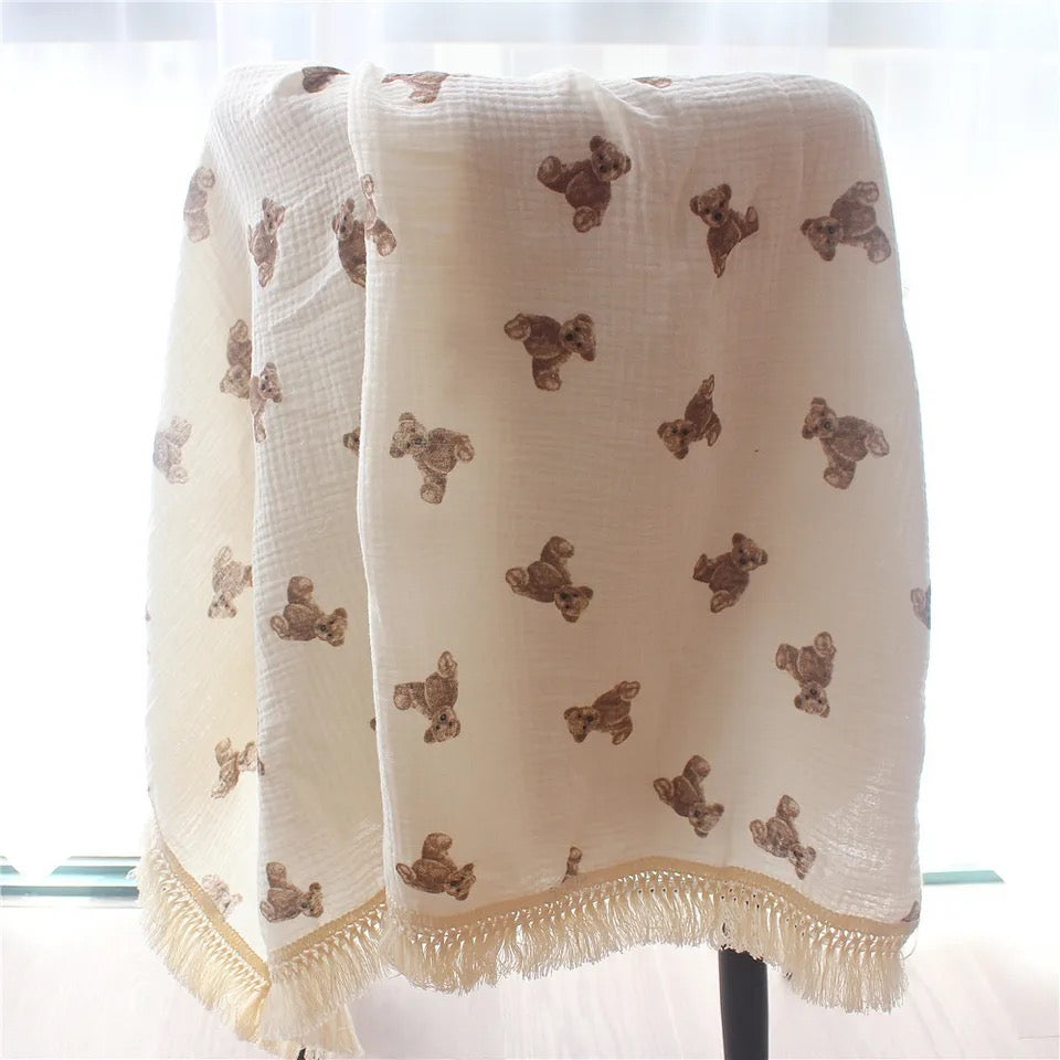 Teddy Bear Muslin Tassels Blanket | Personalised Swaddle/ Receiving Blanket 100% Cotton (120x100cm)