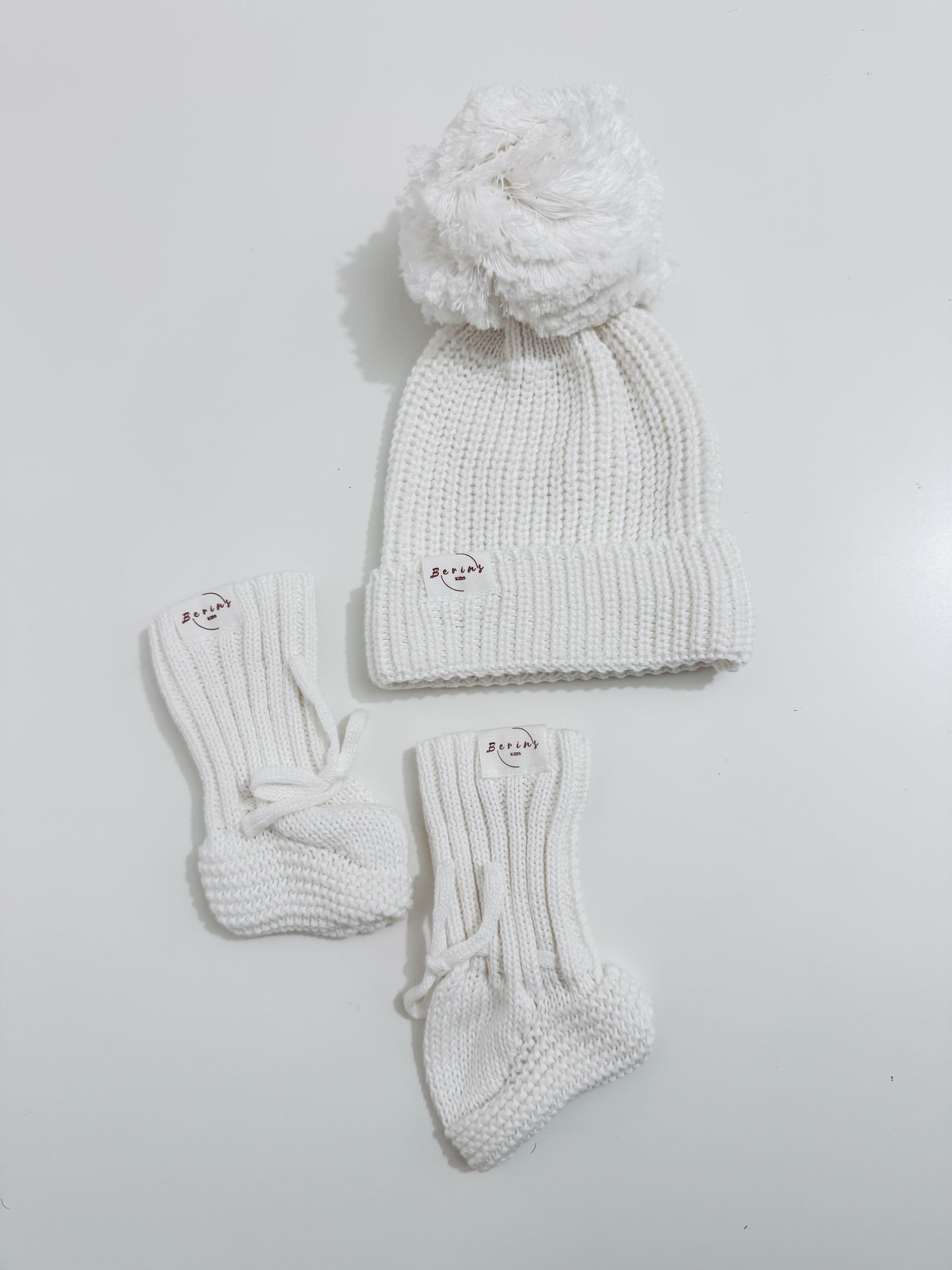 Newborn Baby Luxurious Knit Hat and Booties Set | Pink, White, Sage, Beige Socks, Pom Pom Beanie Hat
