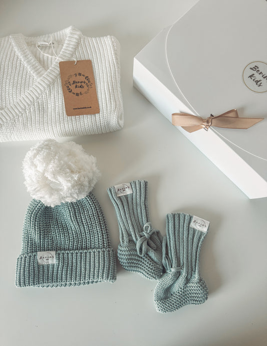 Sage- Unisex Baby 100%Cotton Luxury Knit Set of 3 | Personalised Romper, Pom Pom Hat, Booties