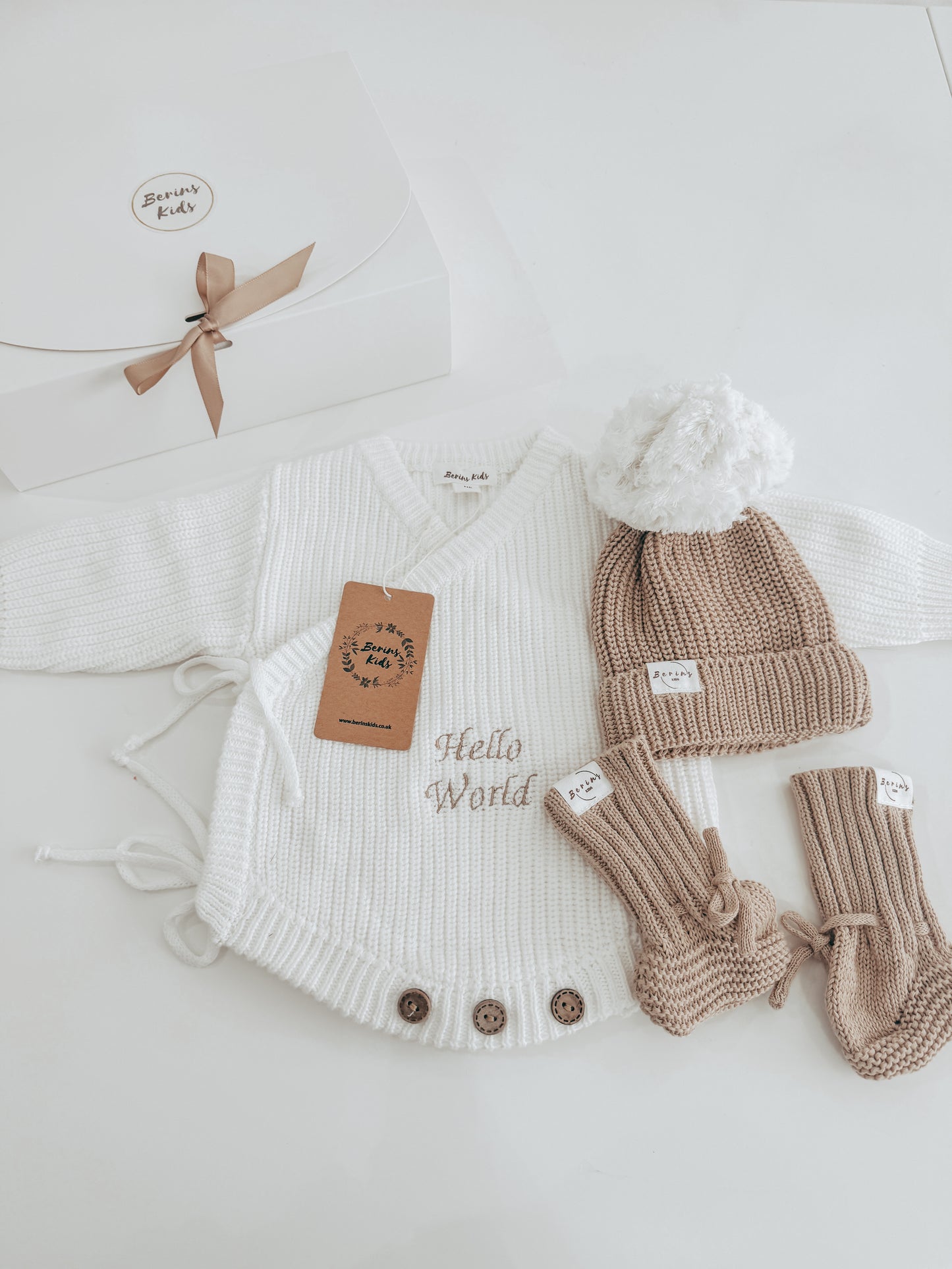 Khaki Unisex Baby Gift Hamper 100%Cotton Knit Set of 3 | Personalised Romper, Pom Pom Hat, Booties | Luxury Newborn Gift Set