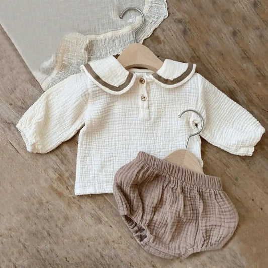 2Pcs Suit for Baby Toddler Spring/Summer Outfit | Cotton Muslin Long Sleeve Top+Shorts Outfits