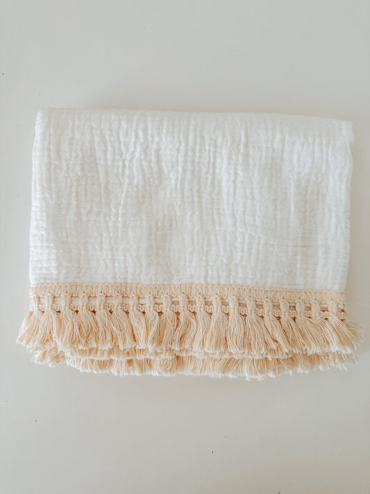 Personalised White Muslin Tassels SMALL Blanket | Personal Swaddle/ Receiving Blanket 100% Cotton (80x65cm)