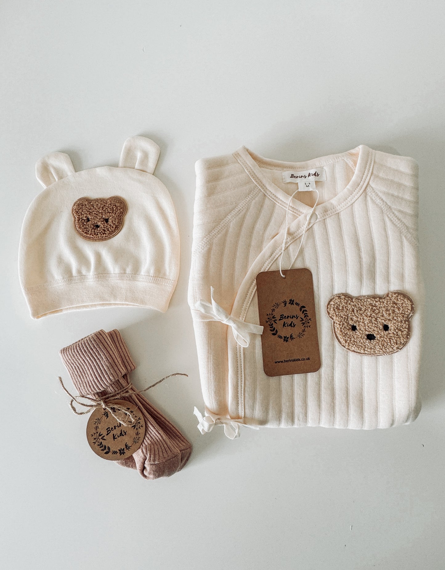 Newborn Bear Gift Set of 3| Personalised CREAM Cotton Romper, Cream Bear Hat, Beige Socks