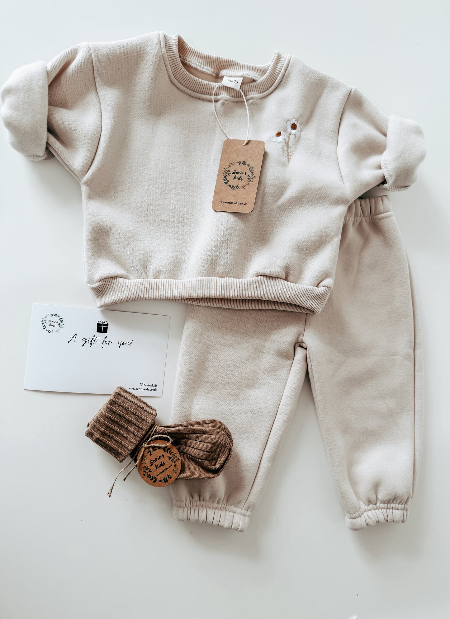 Baby/Kids LIGHT BEIGE Tracksuit Set (2 piece) with a pair of Khaki Socks