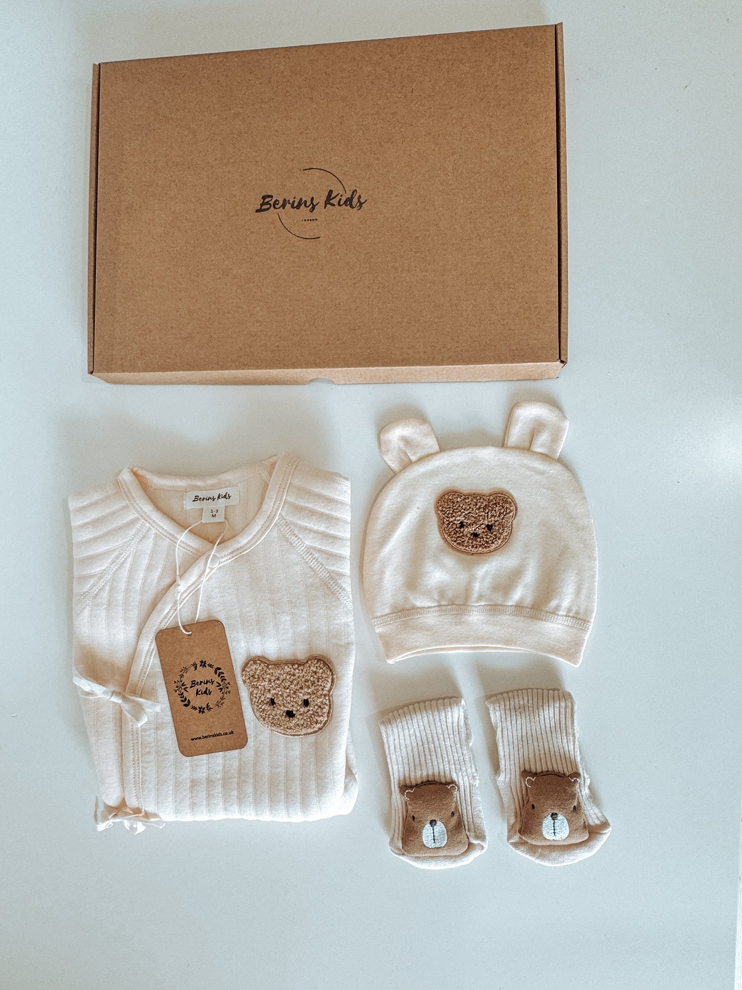 Newborn Bear Gift Set of 3|Cream Cotton Romper, Personalised Cream Bear Hat, Beige Bear Socks