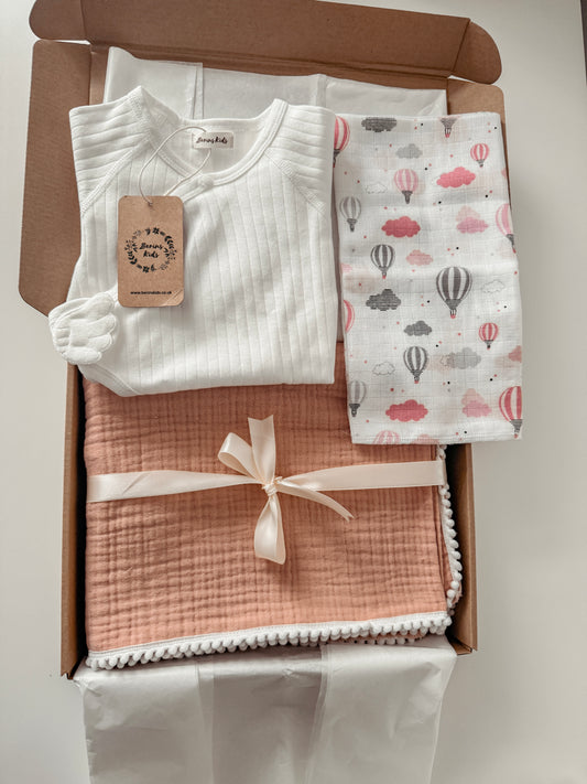 Newborn Gift Set of 3| Angel Wing White Cotton Romper, Salmon Pink Muslin Blanket, Muslin Square