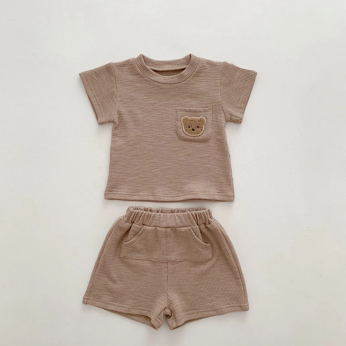 BROWN Bear Embroidered Cotton Short Sleeve+Shorts 2 Piece Suit for Baby Toddler Boys/Girls Summer Outfit