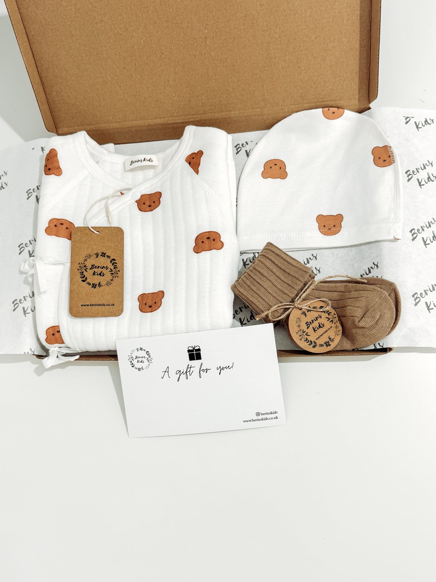 Newborn Bear Gift Set of 3| Multi Bear Cotton Personalised Romper, Multi Bear Beanie, Beige Socks