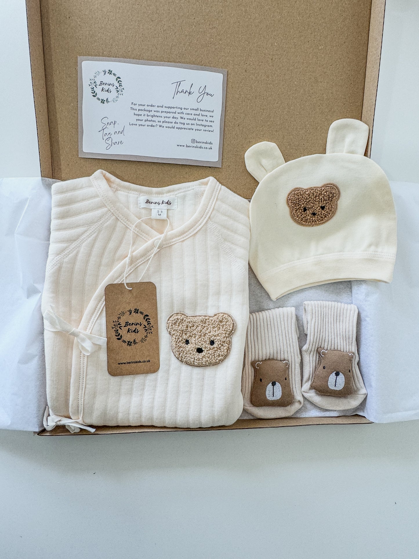 Newborn Bear Gift Set of 3|Cream Cotton Romper, Personalised Cream Bear Hat, Beige Bear Socks