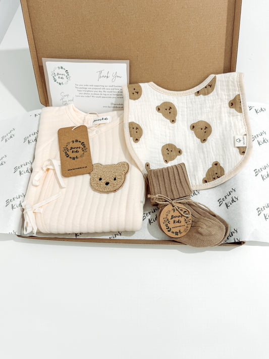 Newborn Bear Gift Set of 3|Personalised Cream Bear Cotton Romper, Bear Muslin Bib, Beige Socks