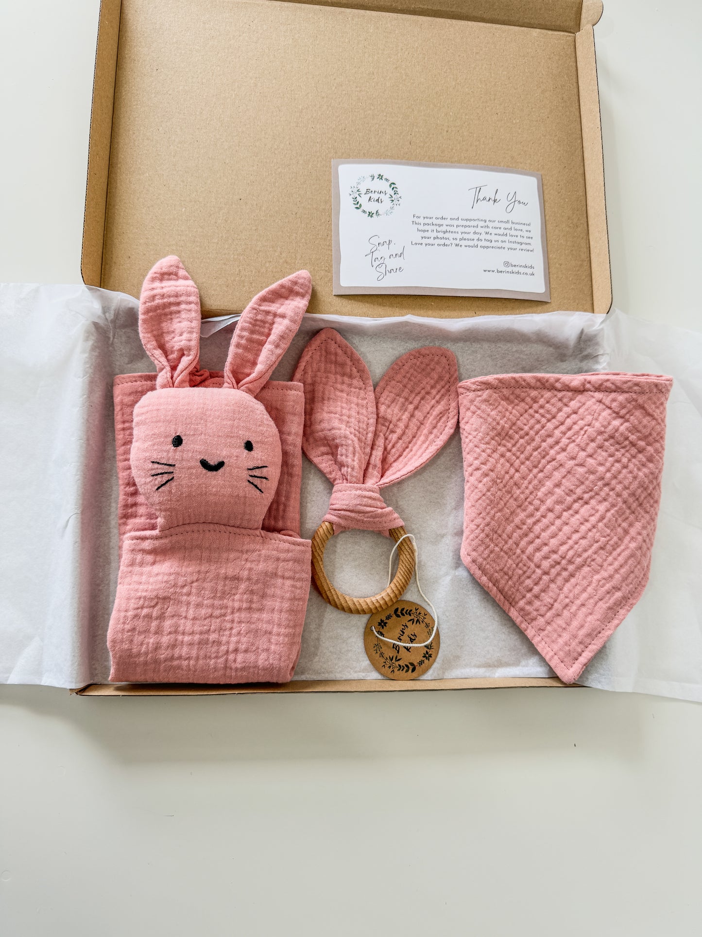 3-Pieces Set | Muslin PINK Bunny Comforter, Bib and Bunny Ear Teething Ring