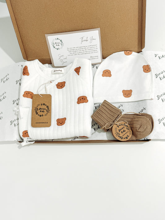 Newborn Bear Gift Set of 3| Multi Bear Cotton Personalised Romper, Multi Bear Beanie, Beige Socks