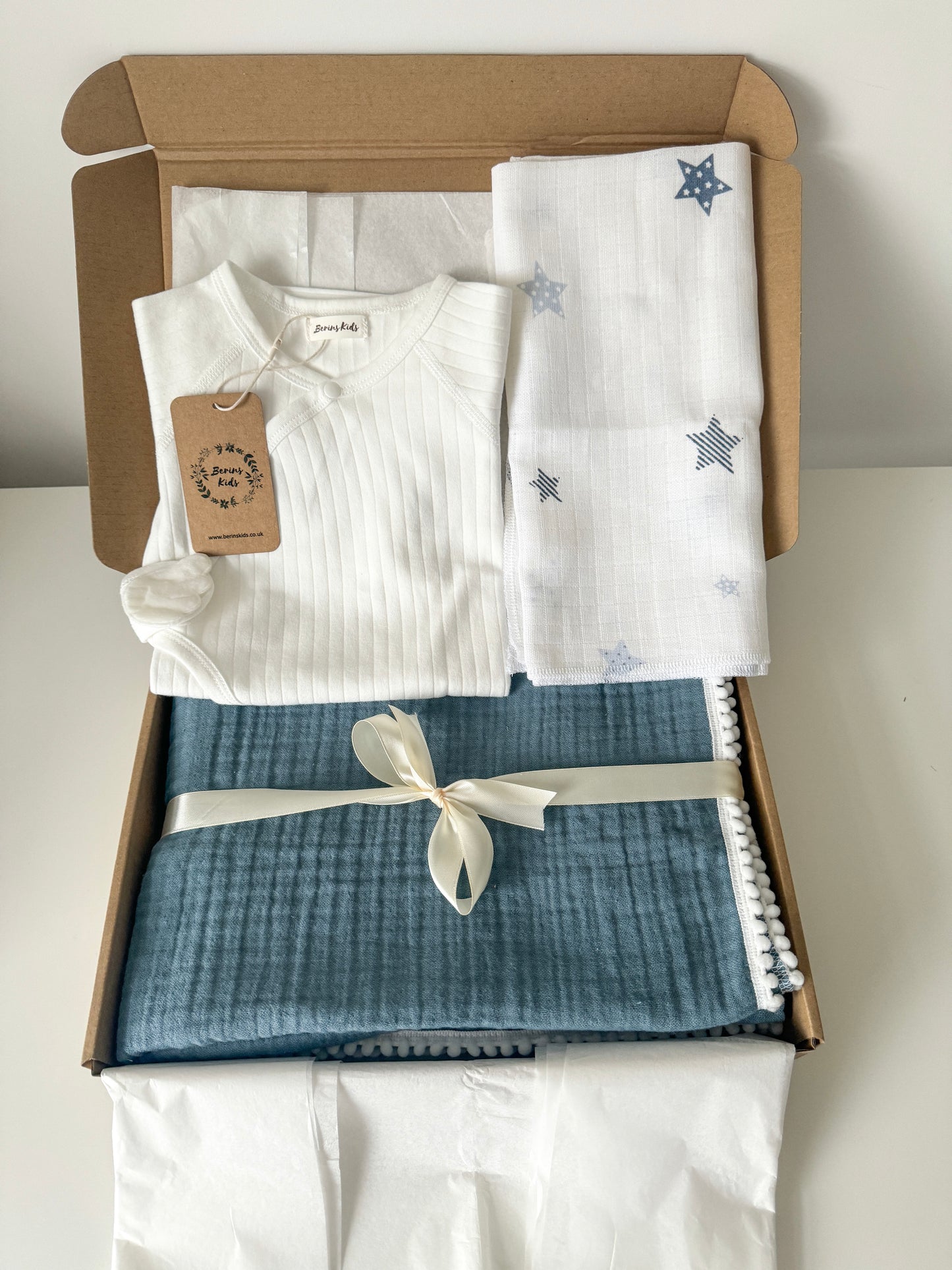 Newborn Gift Set of 3| Angel Wing White Cotton Romper, Indigo Muslin Blanket, Muslin Square