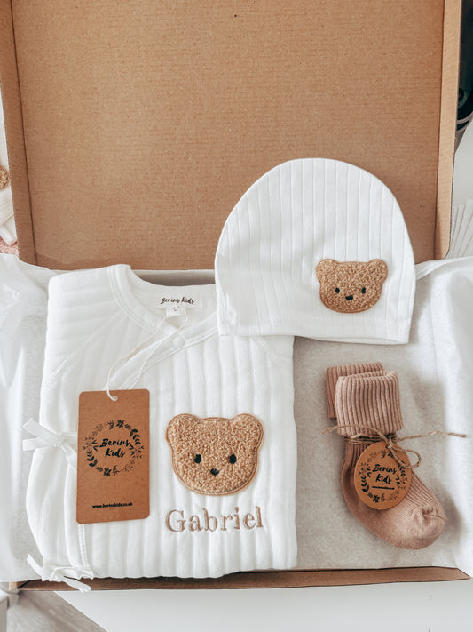 Newborn Bear Gift Set of 3| Milky White Cotton Romper, White Bear Hat, Beige Socks | Personalised Baby Gift