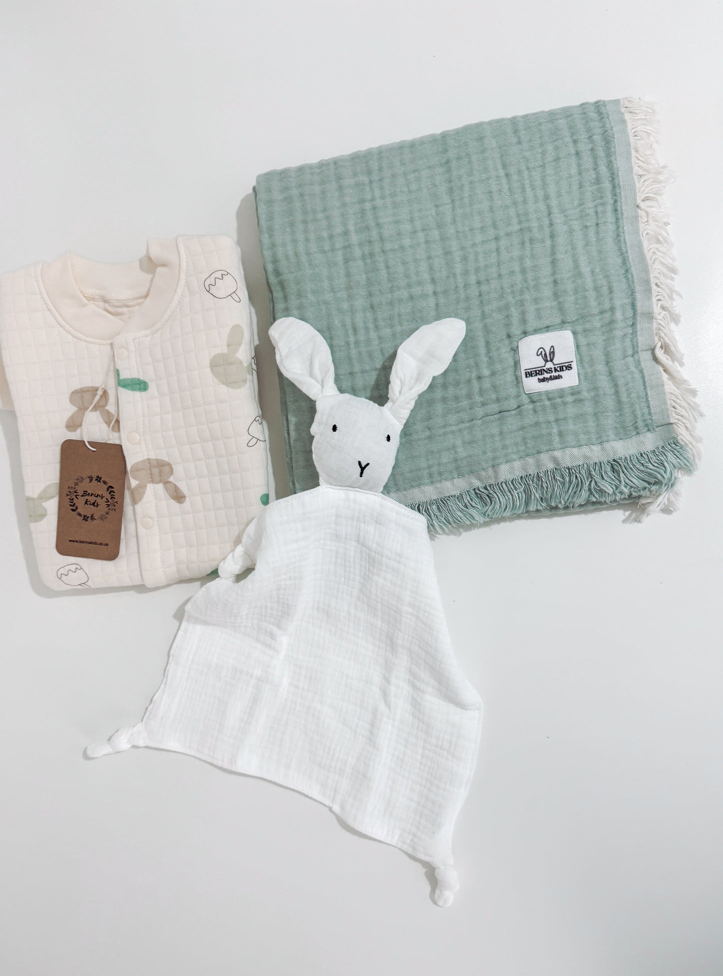 Baby Easter Gift Set of 3| Bunny Cotton Romper, Personalised Sage Gauze Blanket, Bunny Muslin Comforter