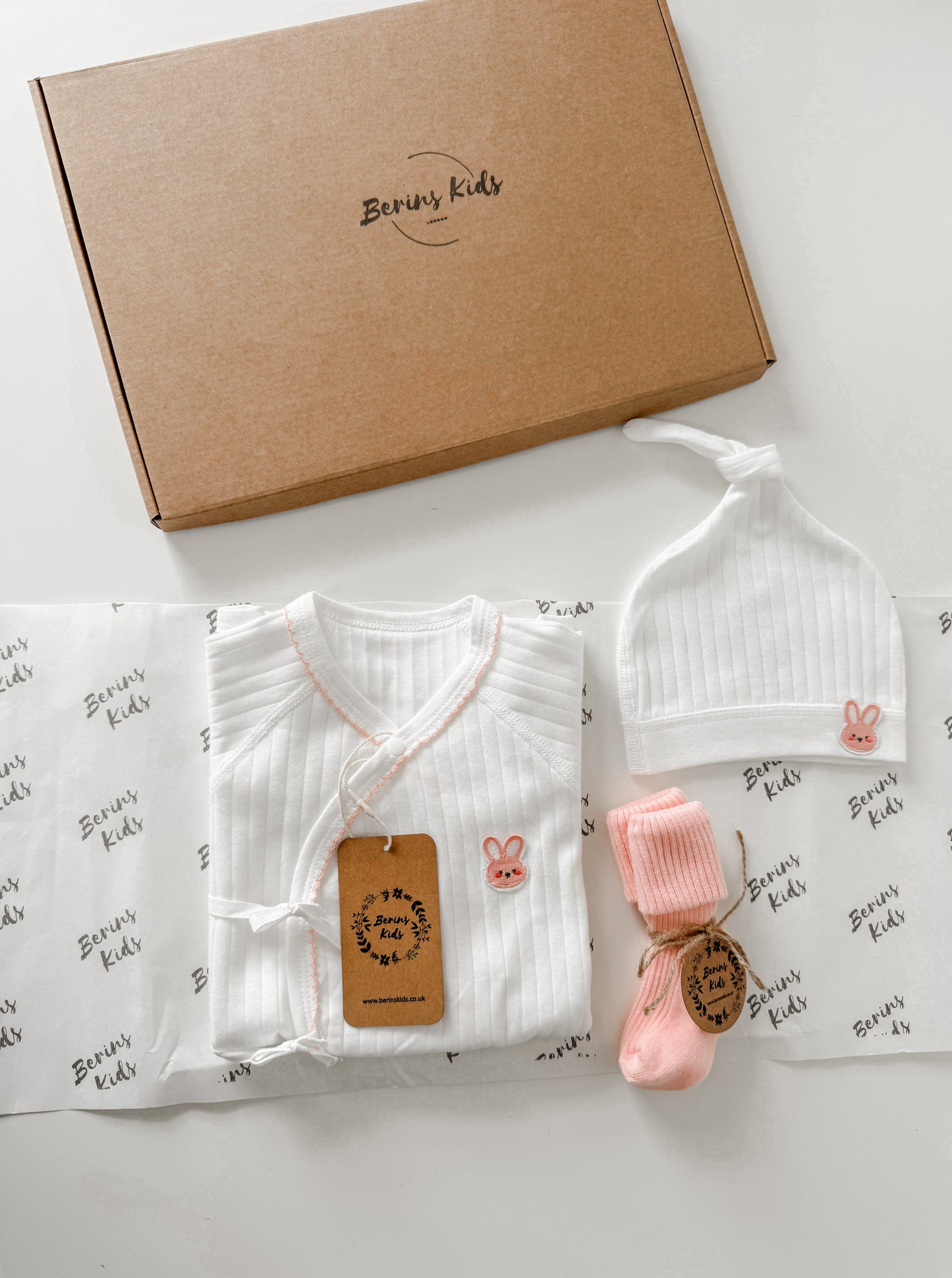 Newborn Bunny Gift Set of 3| Milky White Cotton Romper, White Bunny Beanie, Pink Socks