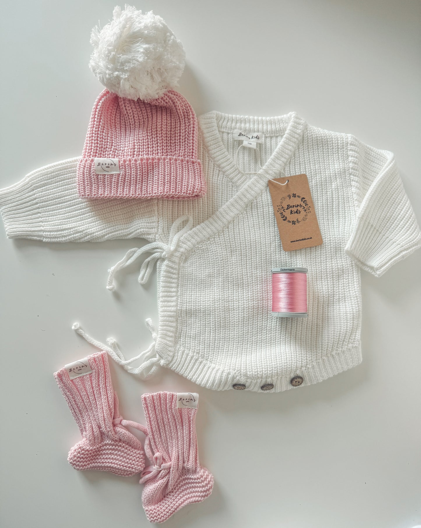 Pink Baby Gift Hamper 100%Cotton Luxury Knit Set of 3 | Personalised Romper, Pom Pom Hat, Booties